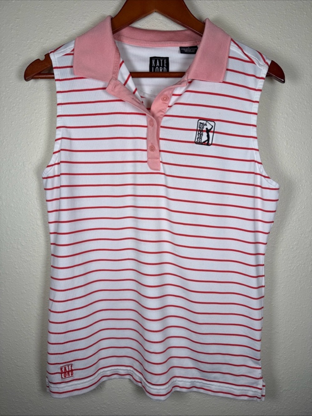 Kate Lord PGA Tour Stripped Collared Sleeveless Top Golf L Pink White Stripes